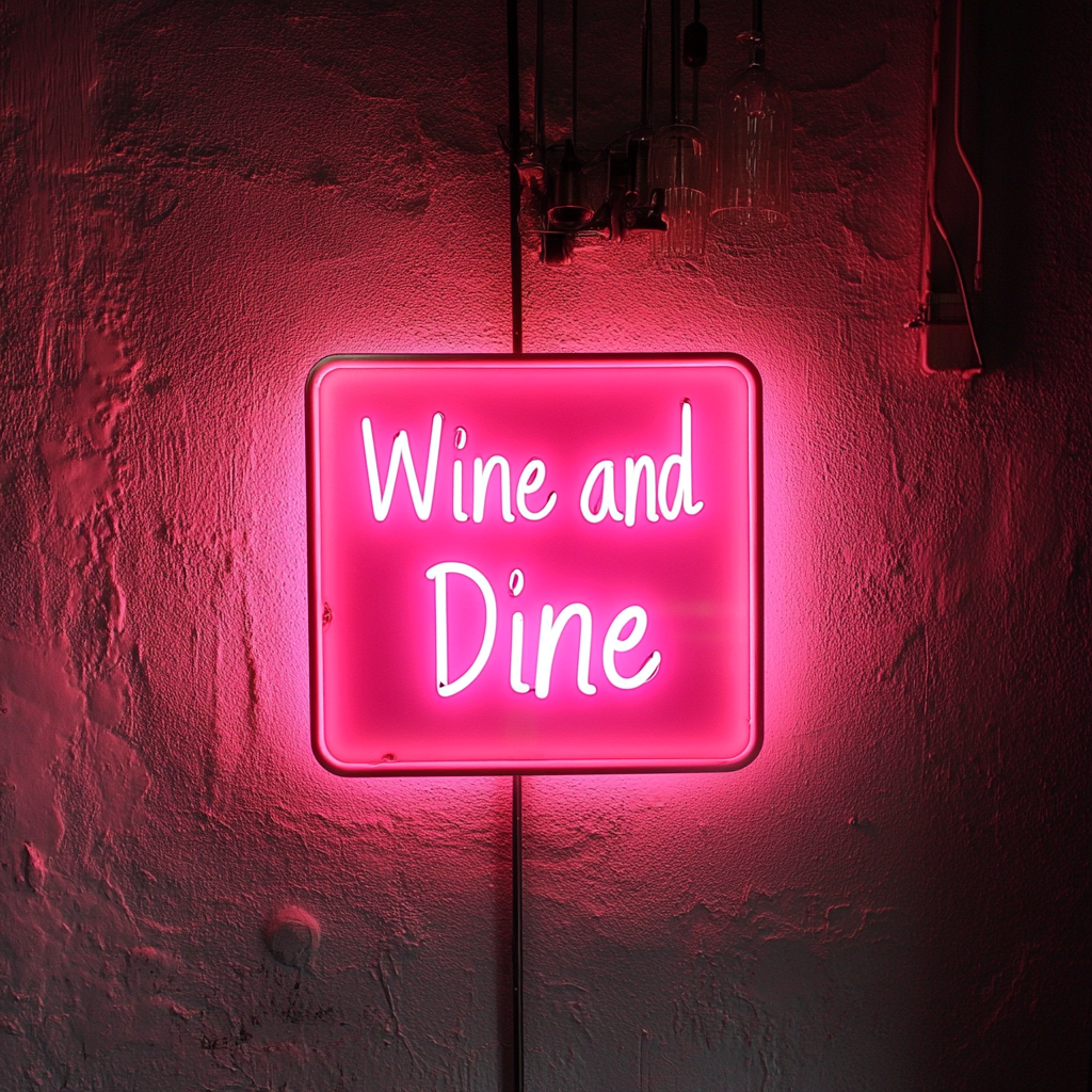 "Wine and Dine" - Pink Neon Sign, 18 Inches
