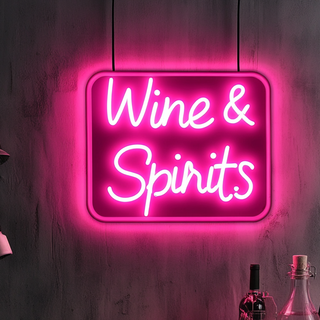 "Wine & Spirits" - Pink Neon Sign, 18 Inches