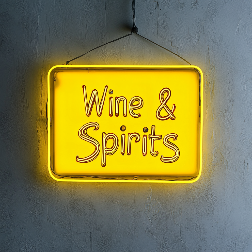 "Wine & Spirits" - Yellow Neon Sign, 18 Inches